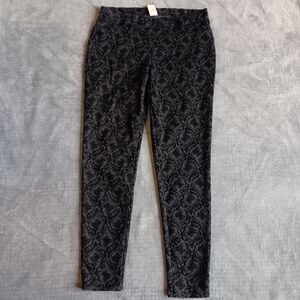 Slip On Black Velvety Floral Textured Design Pants, Elastic Waist Size 12-14